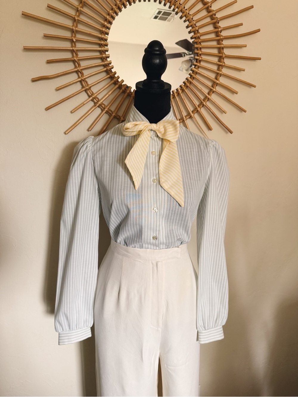 1970s Classic Striped Puff-Sleeve Blouse with Yellow Bow